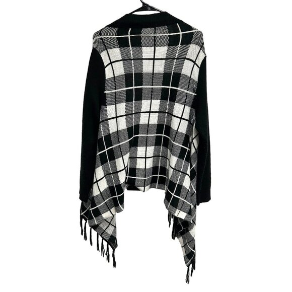 Faded Glory Black White Plaid Open Front Cardigan Wrap Sweater Sz L Fringe - Picture 2 of 8